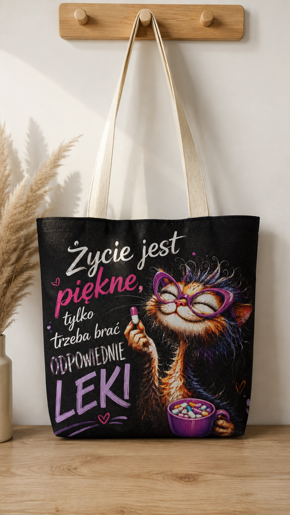 Torba na ramię z kotem i zabawnym napisem